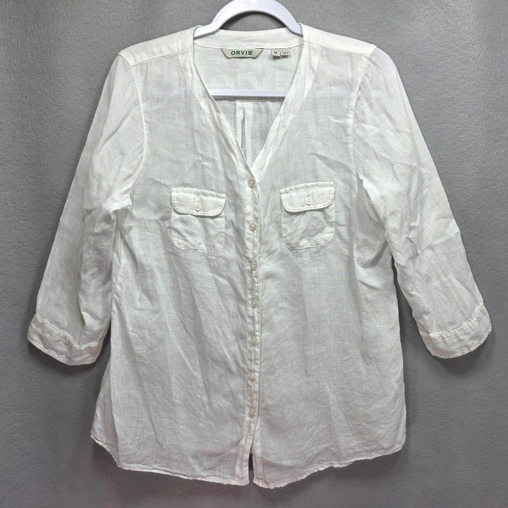 Orvis White All Linen Button Down Shirt Top Womens M 3 Qtr Sleeve Pockets White